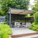 Garden design with metal rooftop and patio